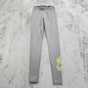 Nike Leggings Womens XS Heather Gray Yellow Logo Leg-A-See Fold Over Waistband